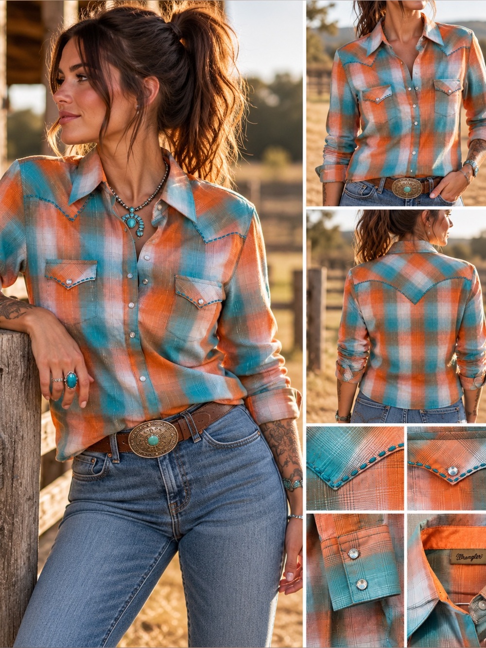 Wrangler Western Plaid Rhinestone Snap Shirt Turquoise Orange Size M